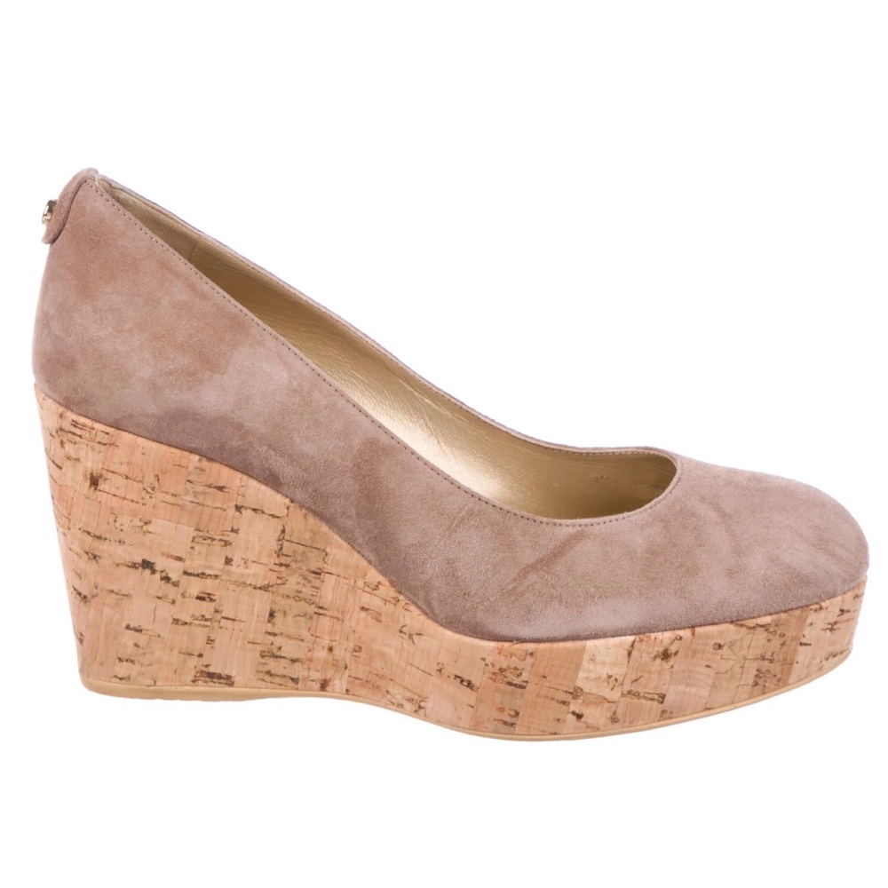 Stuart Weitzman Corkswoon Taupe Suede Wedge Pumps size 10 M